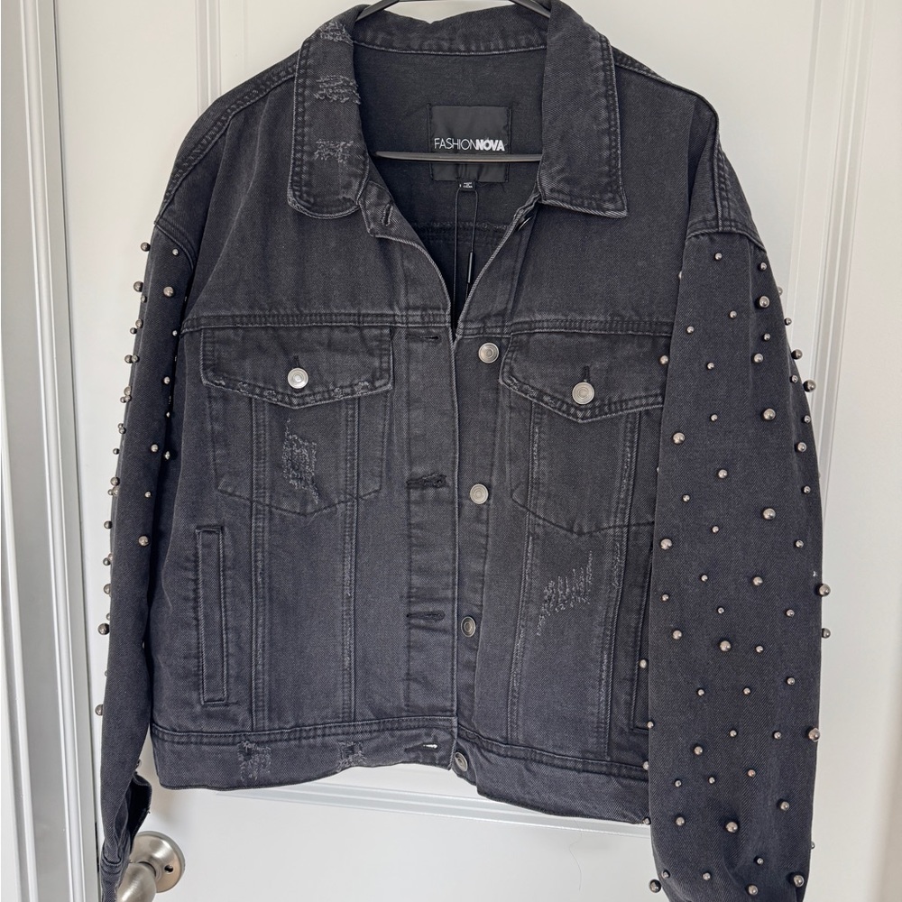 Fashion Nova Charcoal Studded Jean Jacket